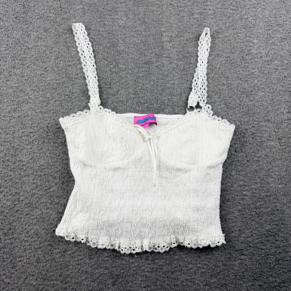 Edikted White Lace Trim Smocked Cami Crop Top Women's S Small